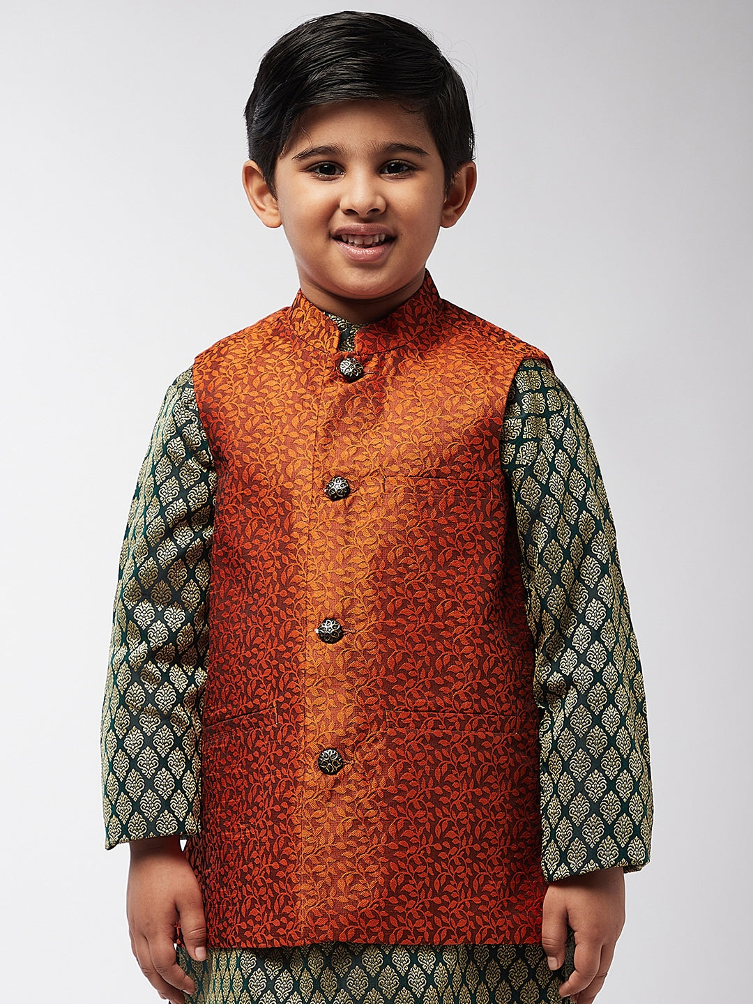 Kid's Jacquard Silk Orange Self design ONLY Nehrujacket - Sojanya KID