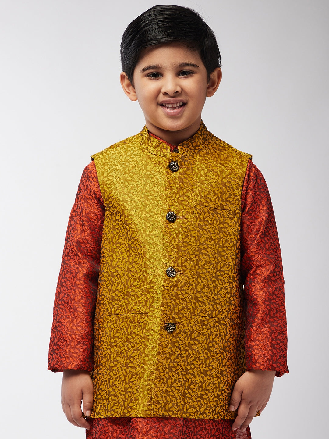 Kid's Jacquard Silk Mustard Self design ONLY Nehrujacket - Sojanya KID