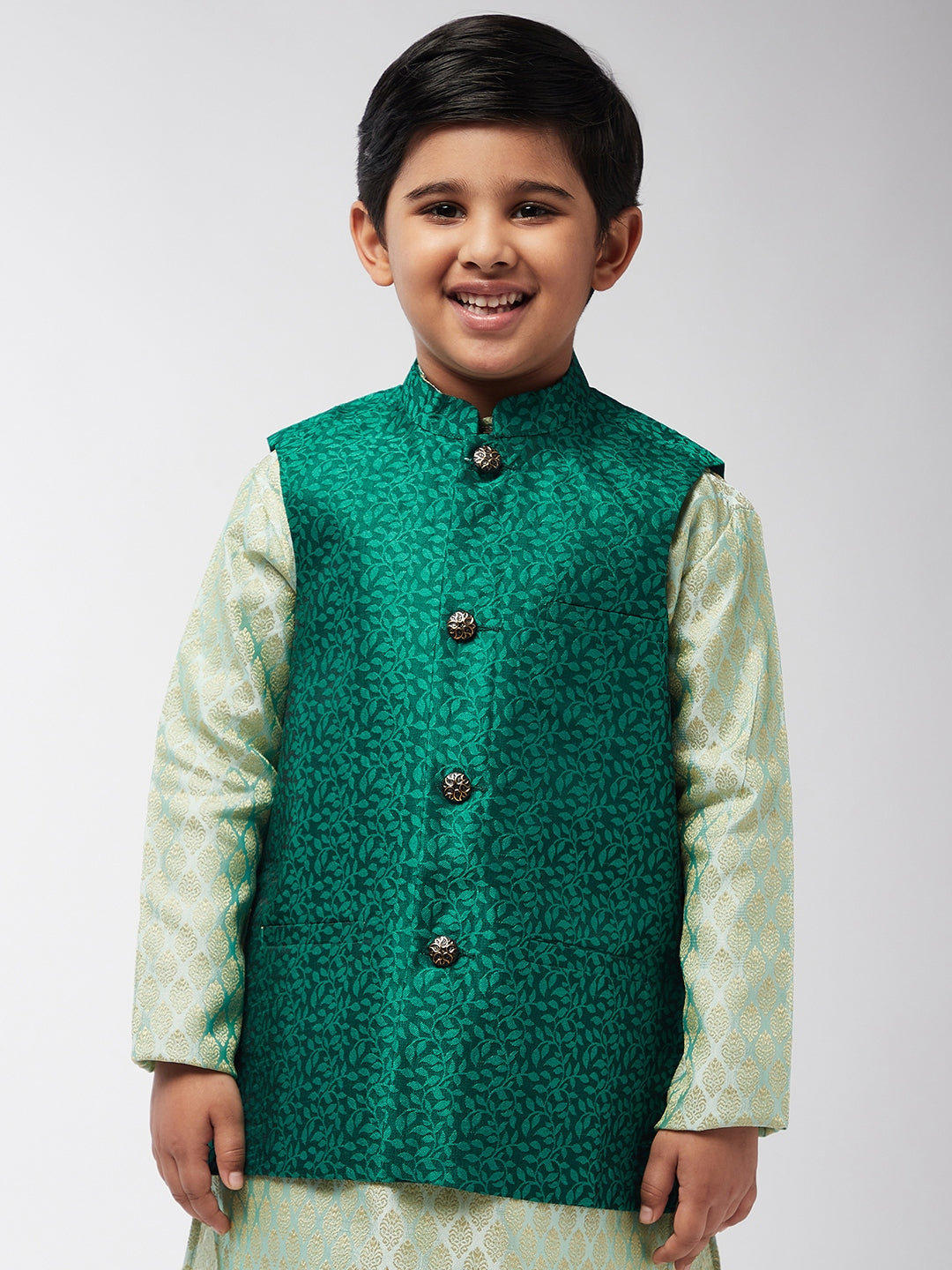 Kid's Jacquard Silk Dark Green Self design ONLY Nehrujacket - Sojanya KID