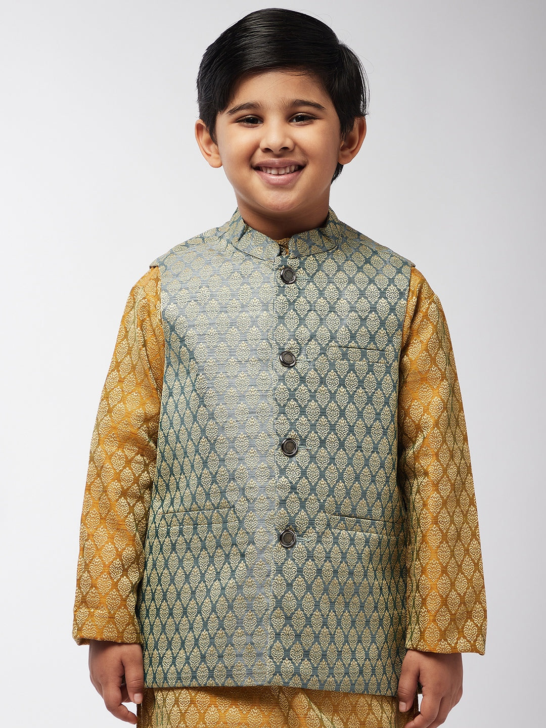 Kid's Jacquard Silk Tea Blue Self design ONLY Nehrujacket - Sojanya KID