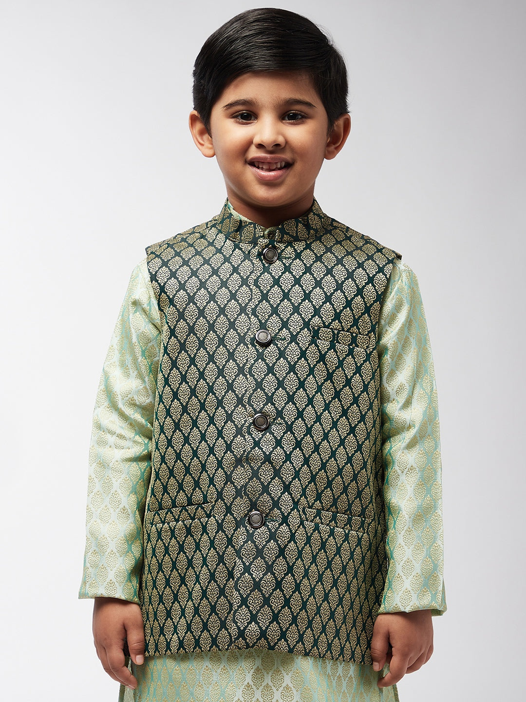 Kid's Jacquard Silk Dark Green Self design ONLY Nehrujacket - Sojanya KID