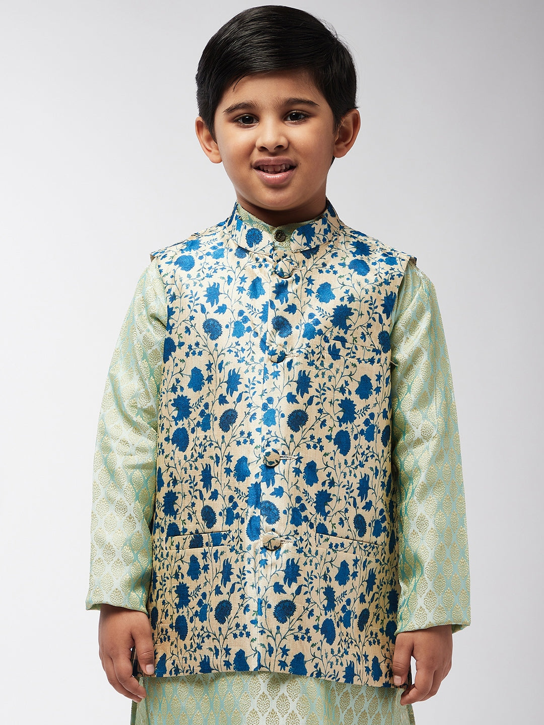 Kid's Silk Blend Blue Printed ONLY Nehru Jacket - Sojanya KID