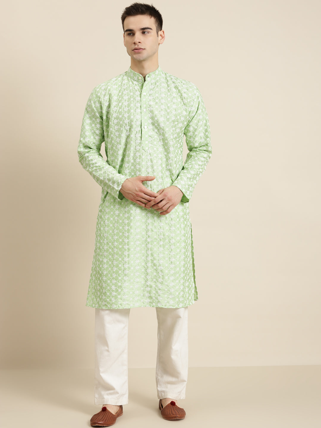 Men's Silk Blend Sea Green Embroidered ONLY Kurta  - Sojanya