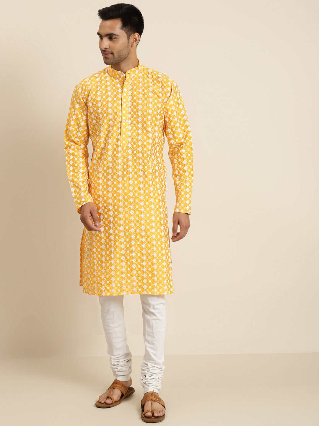 Men's Silk Blend Yellow Embroidered ONLY Kurta  - Sojanya