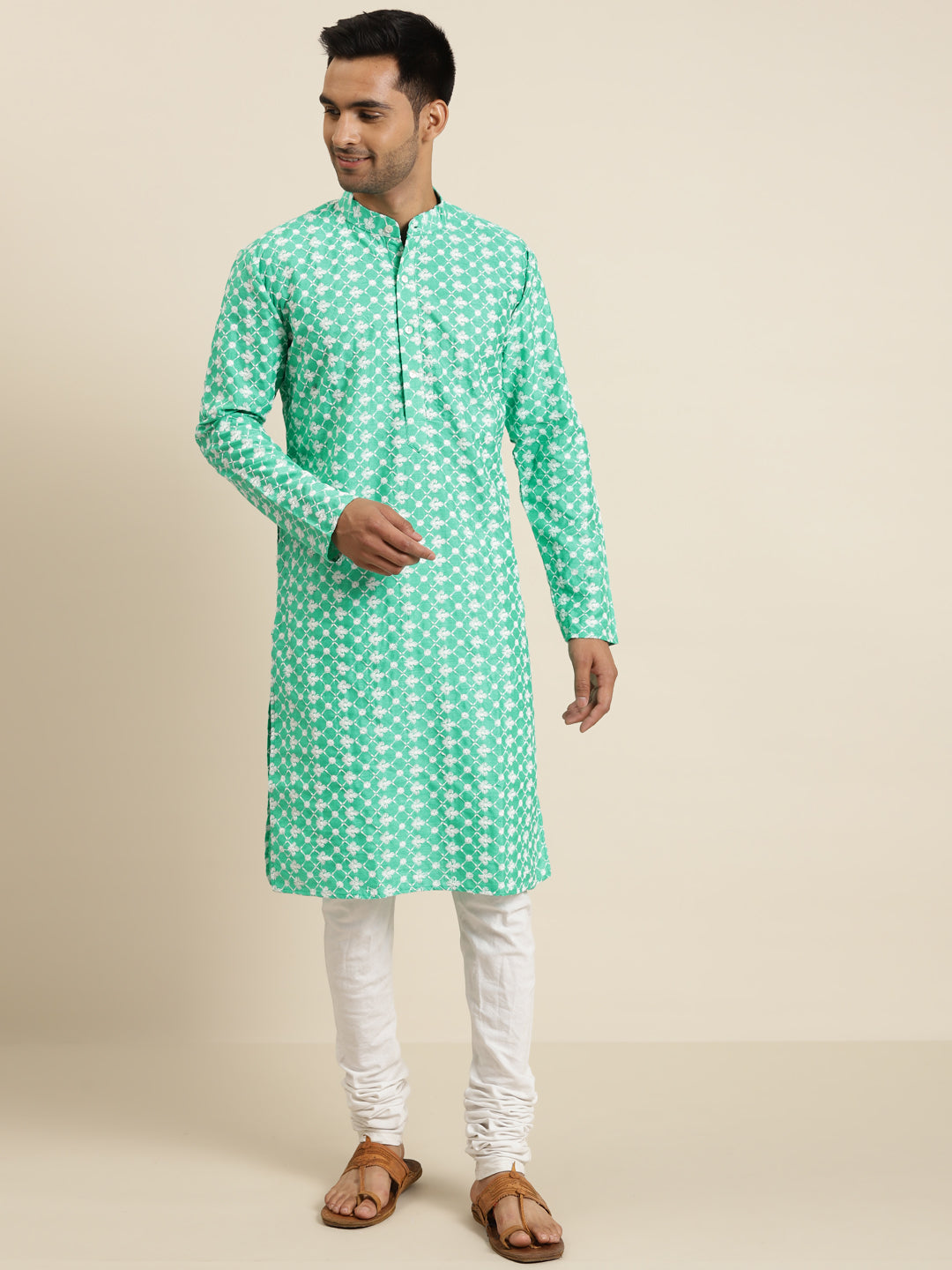 Men's Silk Blend Rama Green Embroidered ONLY Kurta  - Sojanya