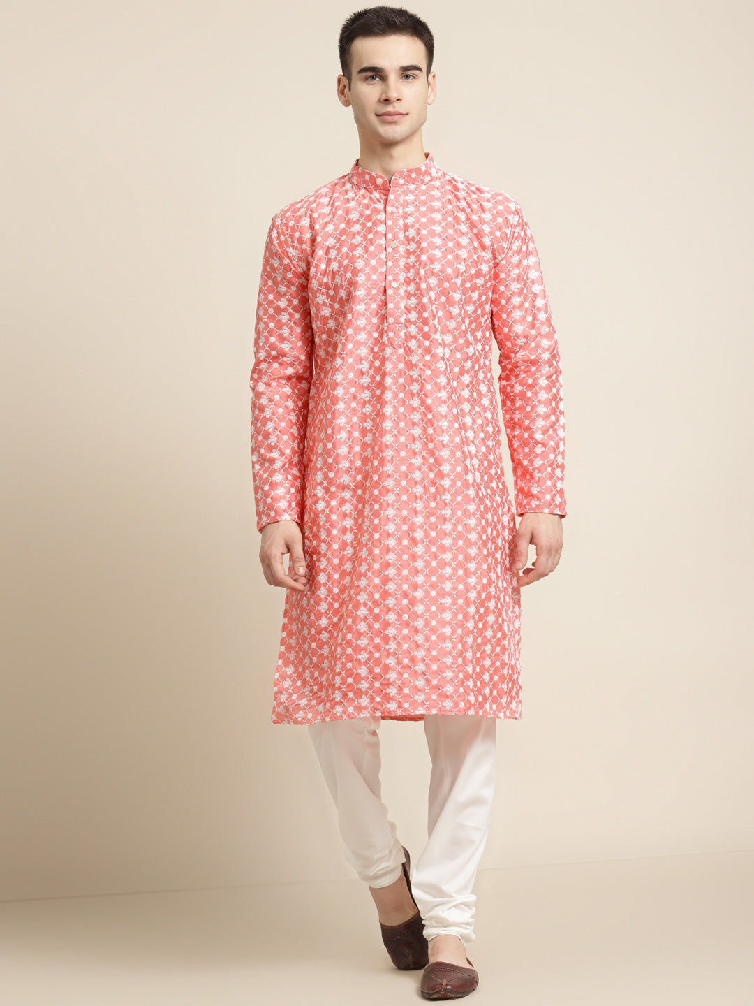 Men's Silk Blend Peach Embroidered ONLY Kurta  - Sojanya