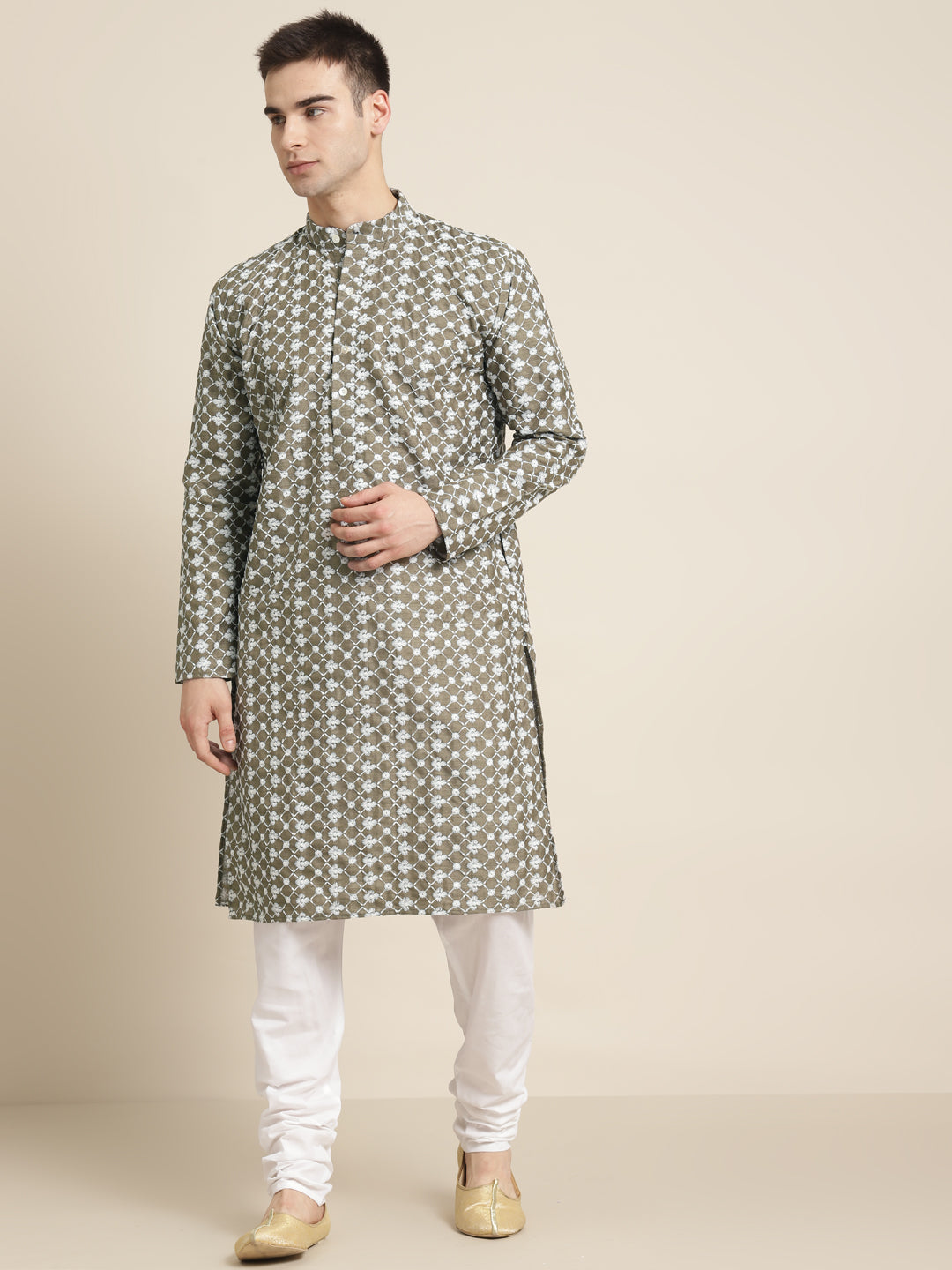 Men's Silk Blend Olive Embroidered ONLY Kurta  - Sojanya