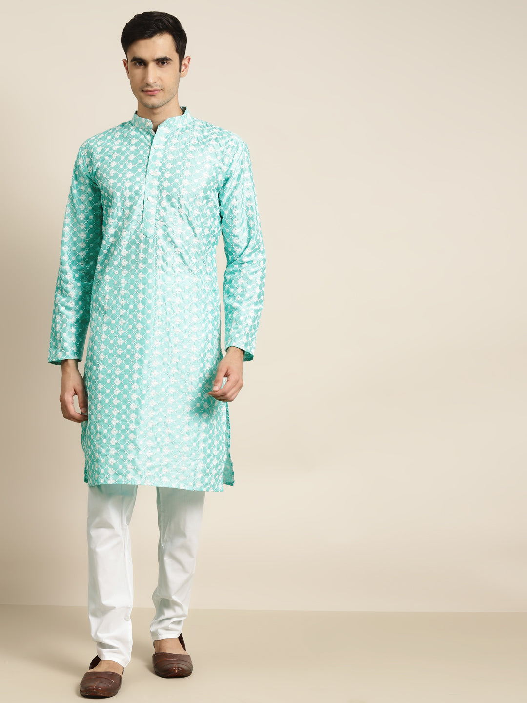 Men's Silk Blend Blue Embroidered Only Kurta  - Sojanya