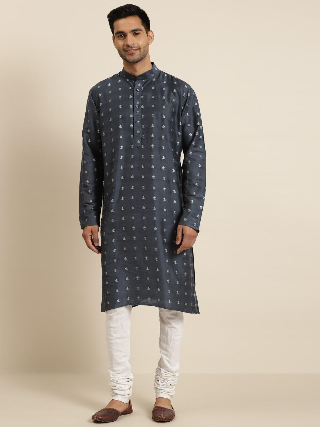 Men's Cotton Grey & Silver Self Design ONLY Long Kurta  - Sojanya