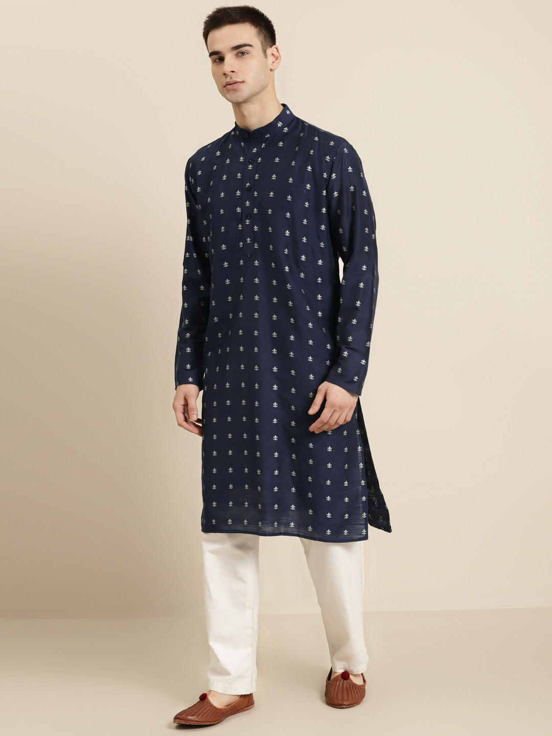 Men's Cotton Navy Blue & Silver Self Design ONLY Long Kurta  - Sojanya