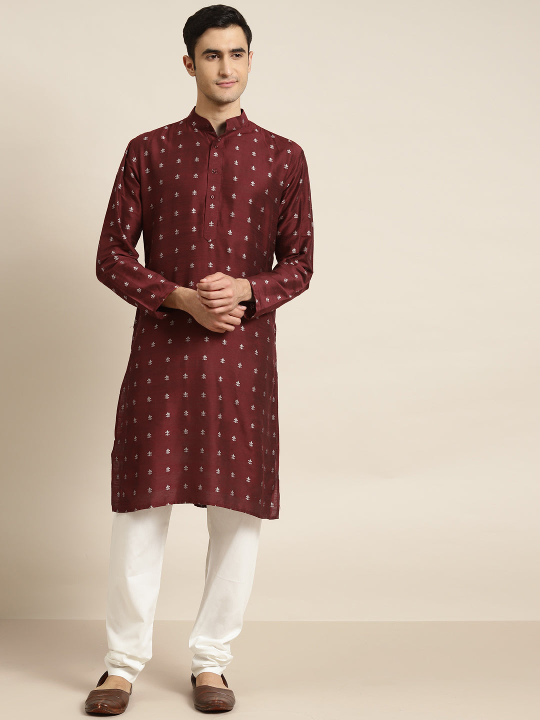 Men's Cotton Maroon & Silver Self Design Only Long Kurta  - Sojanya