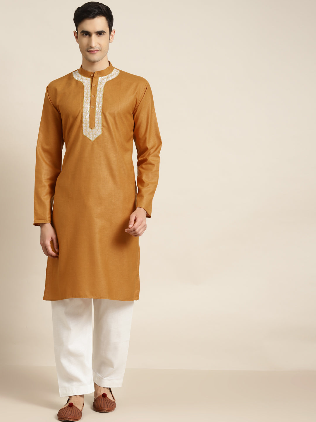 Men's Cotton Mustard Color With Neck Embroidery Only Kurta  - Sojanya