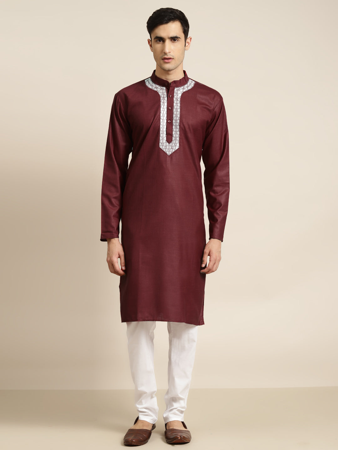 Men's Cotton Maroon Color With Neck Embroidery Only Kurta  - Sojanya