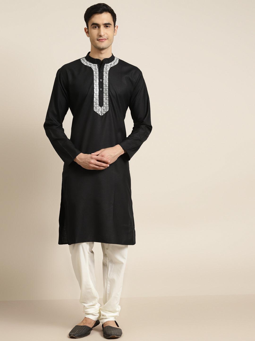 Men's Cotton Black Color With Neck Embroidery Only Kurta  - Sojanya