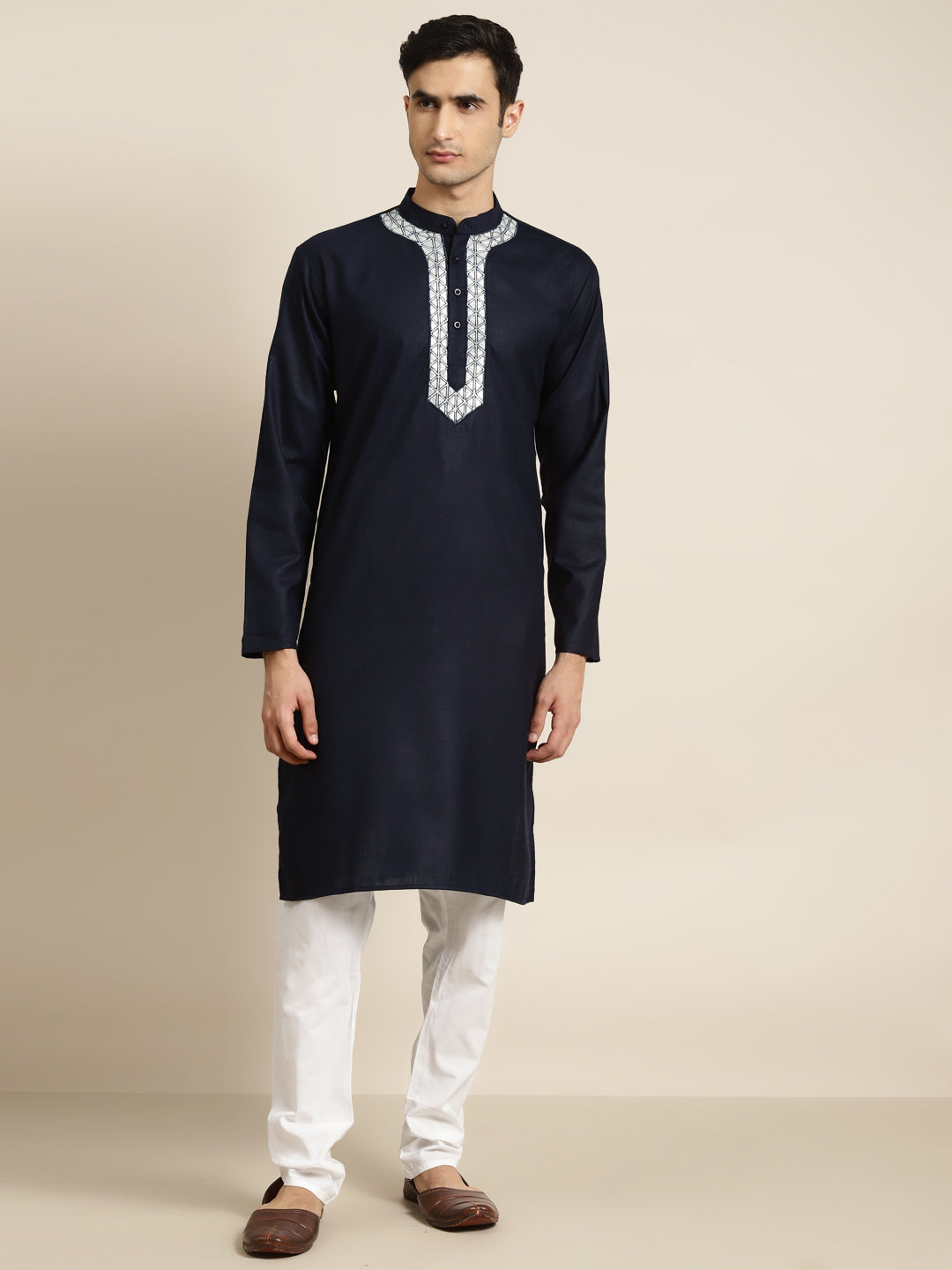 Men's Cotton Navy Blue Color With Neck Embroidery Only Kurta  - Sojanya