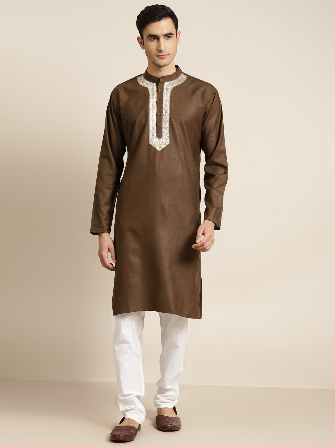 Men's Cotton Dark Olive Color With Neck Embroidery Only Kurta  - Sojanya