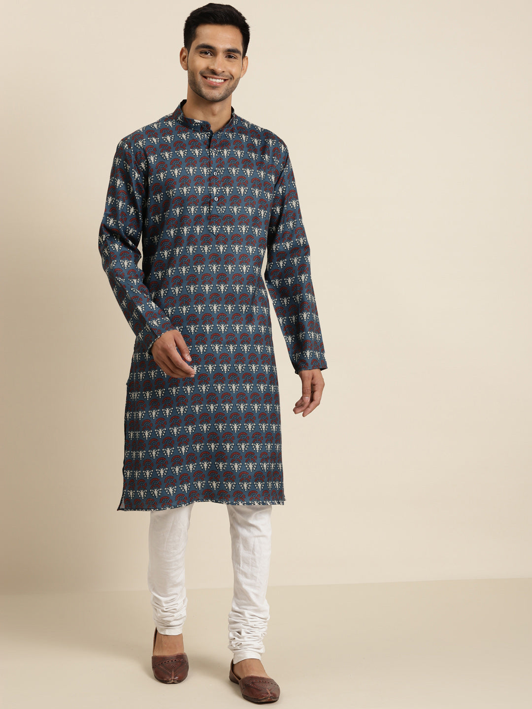 Men's Cotton Dark Grey Printed ONLY Kurta  - Sojanya