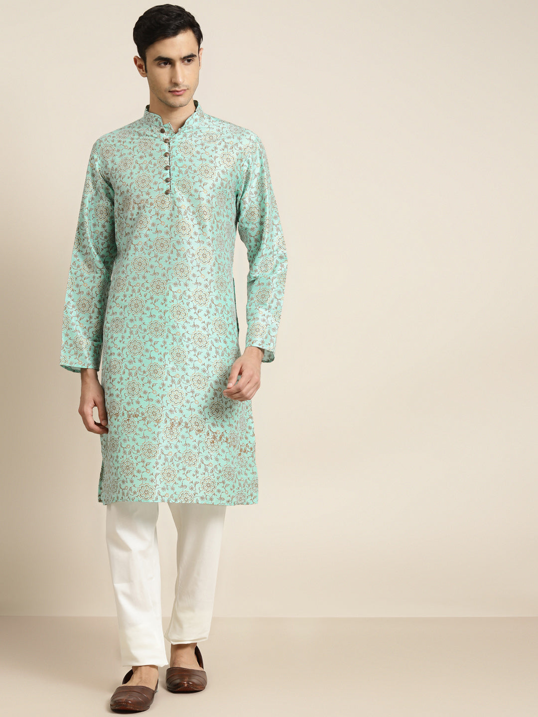 Men's Silk Blend Sea Green Printed Only Kurta  - Sojanya