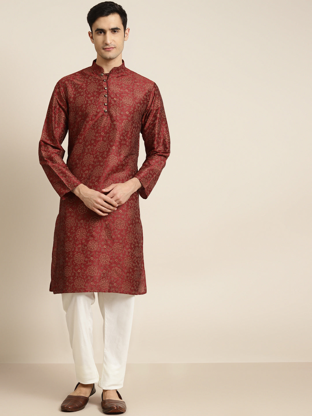 Men's Silk Blend Maroon Printed Only Kurta  - Sojanya