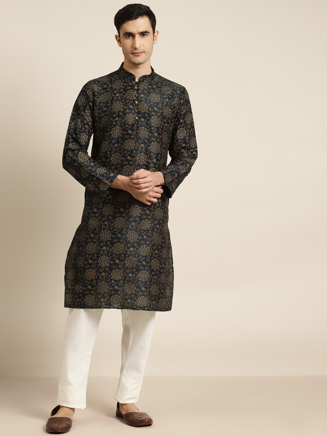 Men's Silk Blend Black Printed Only Kurta  - Sojanya