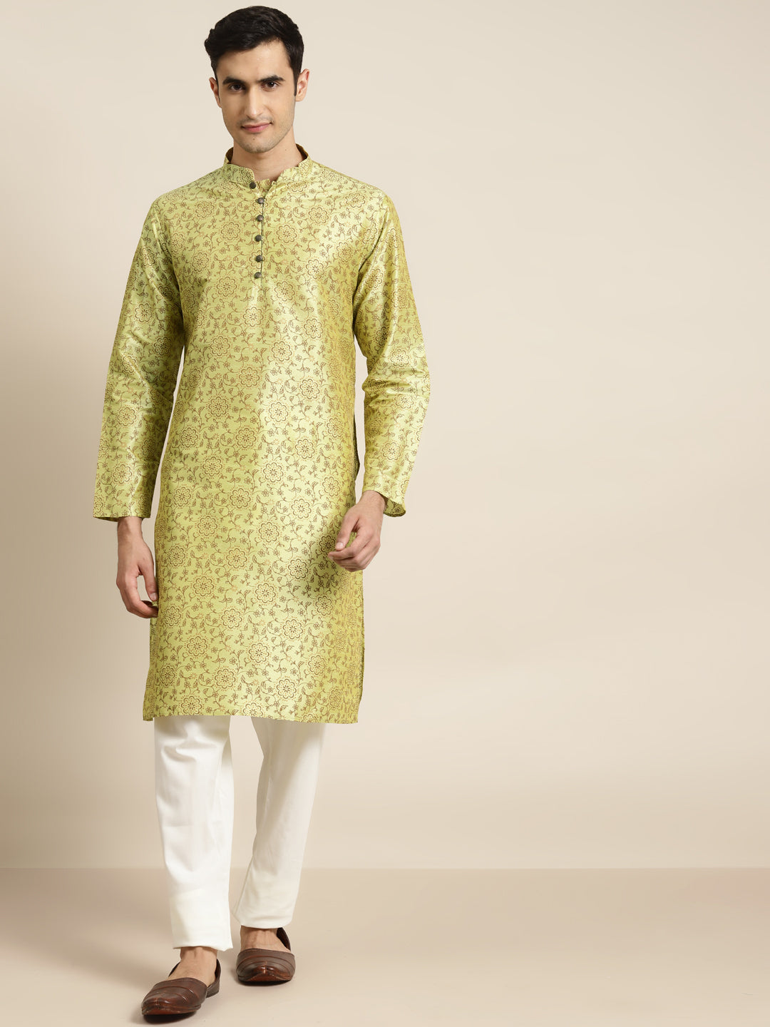 Men's Silk Blend Pista Green Printed Only Kurta  - Sojanya