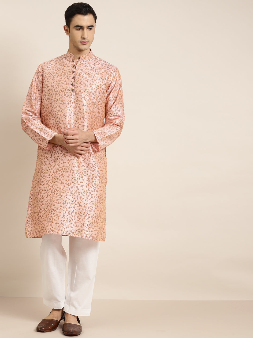 Men's Silk Blend Pink Printed Only Kurta  - Sojanya