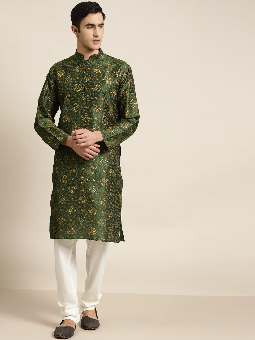 Men's Silk Blend Dark Green Printed Only Kurta  - Sojanya