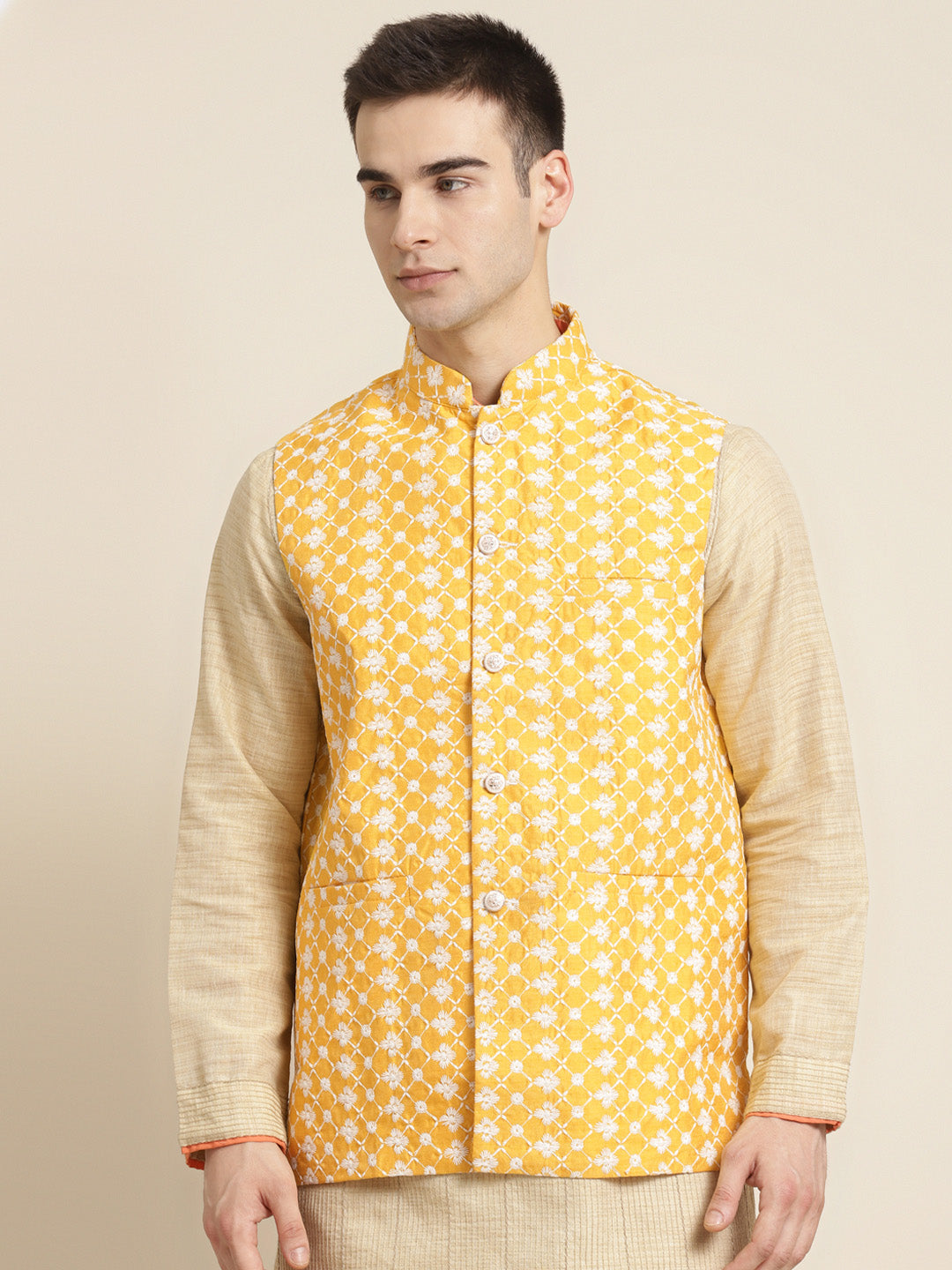 Men's Silk Blend Yellow Embroidered ONLY Nehrujacket - Sojanya