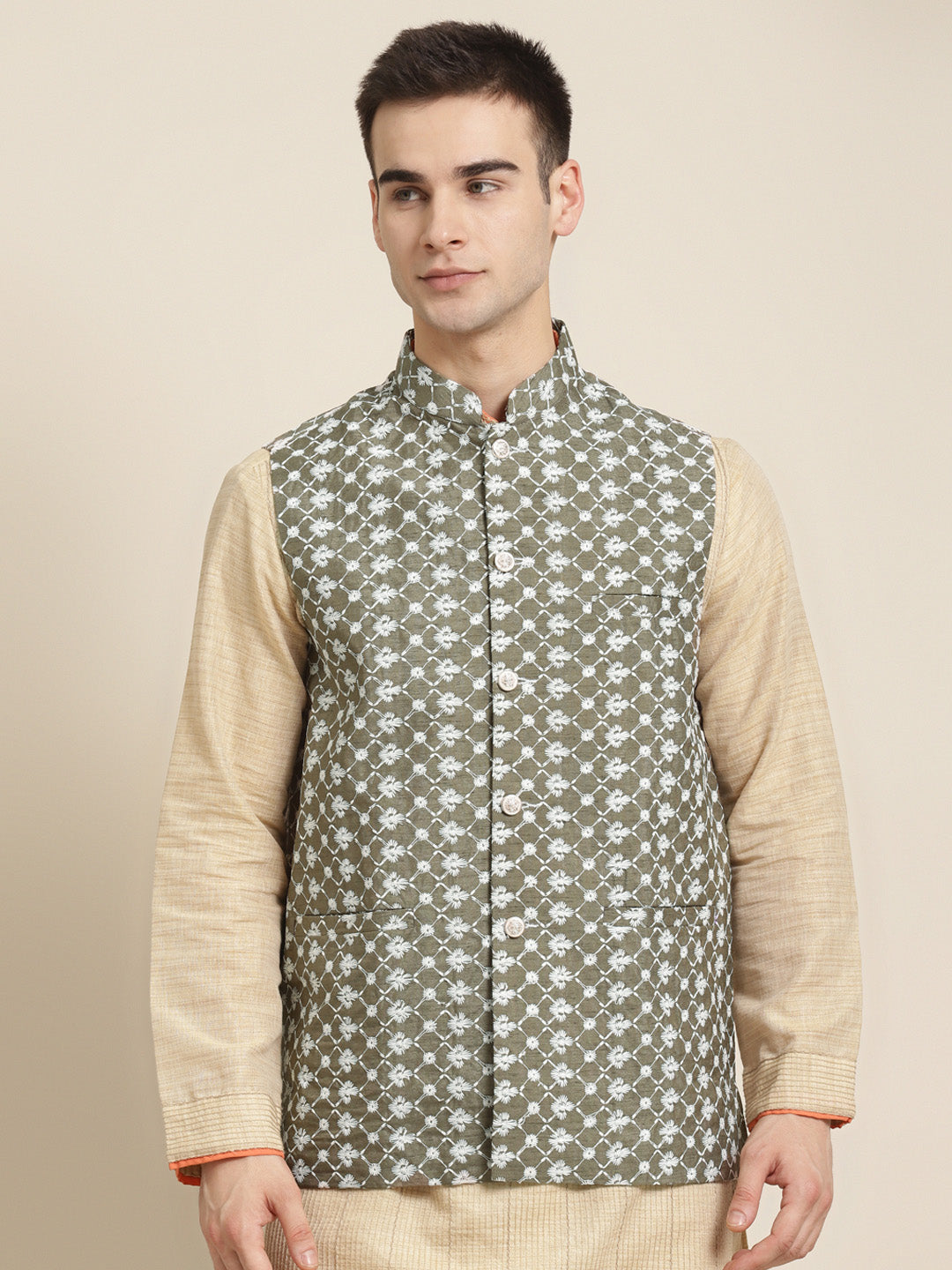 Men's Silk Blend Olive Embroidered ONLY Nehrujacket - Sojanya