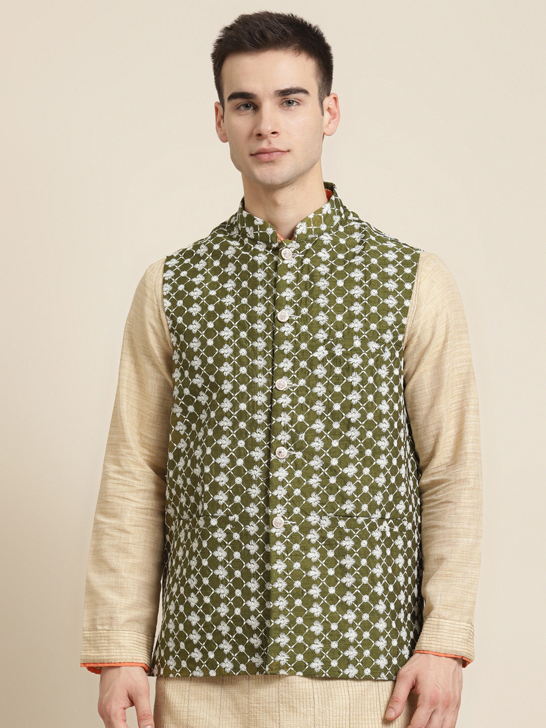 Men's Silk Blend Dark Green Embroidered ONLY Nehrujacket - Sojanya