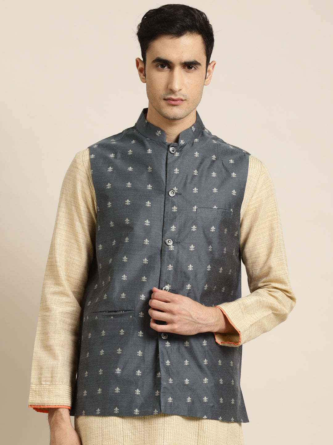 Men's Cotton Grey Self Design Only Nehru Jacket - Sojanya