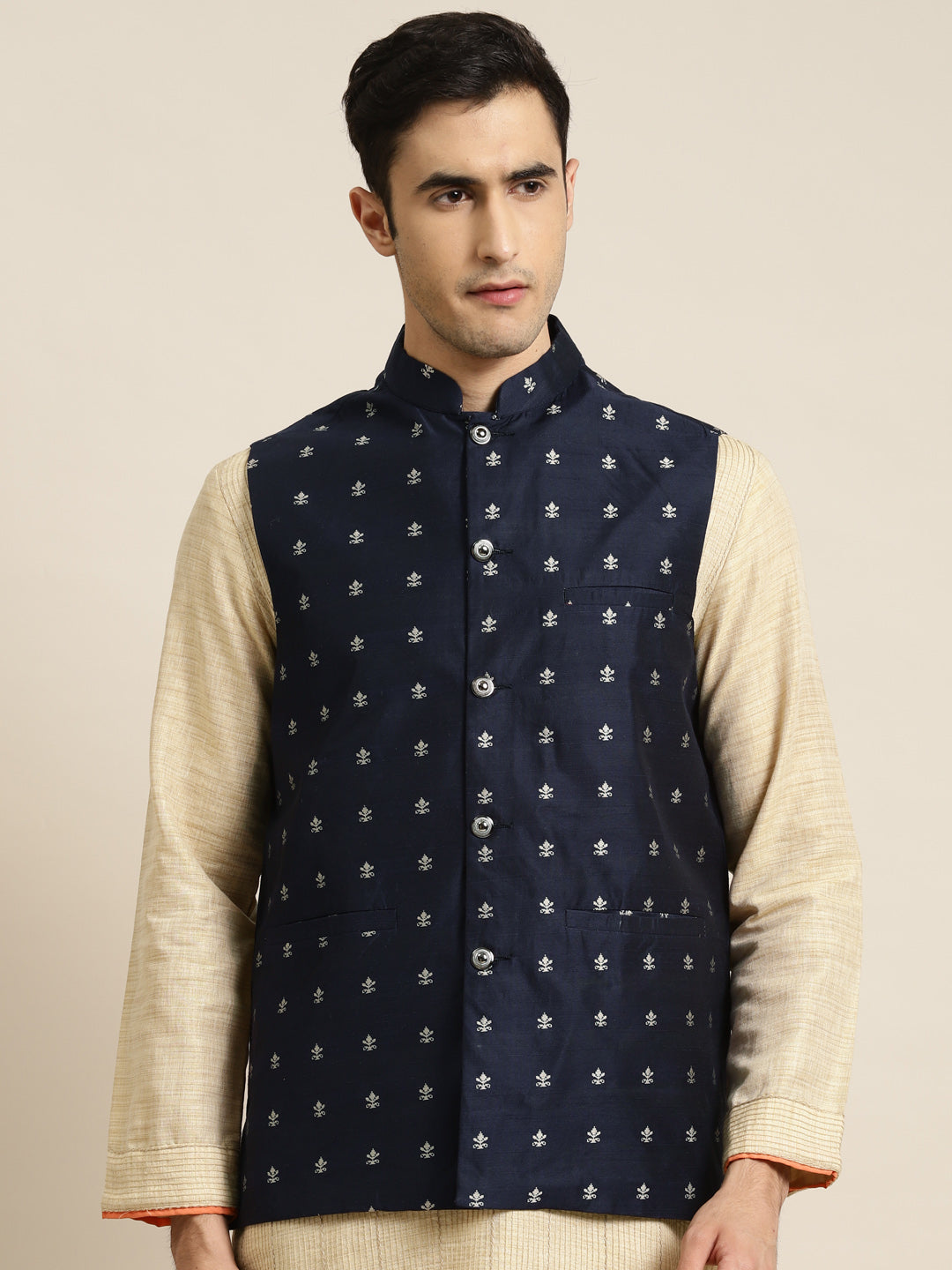 Men's Cotton Navy Blue Self Design Only Nehru Jacket - Sojanya