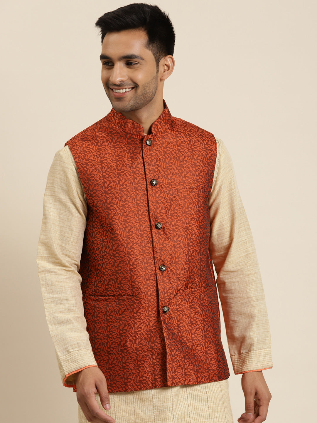 Men's Jacquard Silk Orange Self Design ONLY Nehrujacket - Sojanya