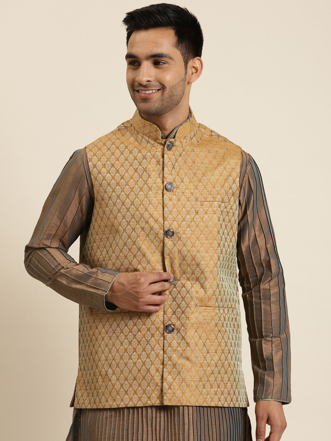 Men's Jacquard Silk Mustard Self Design ONLY Nehrujacket - Sojanya