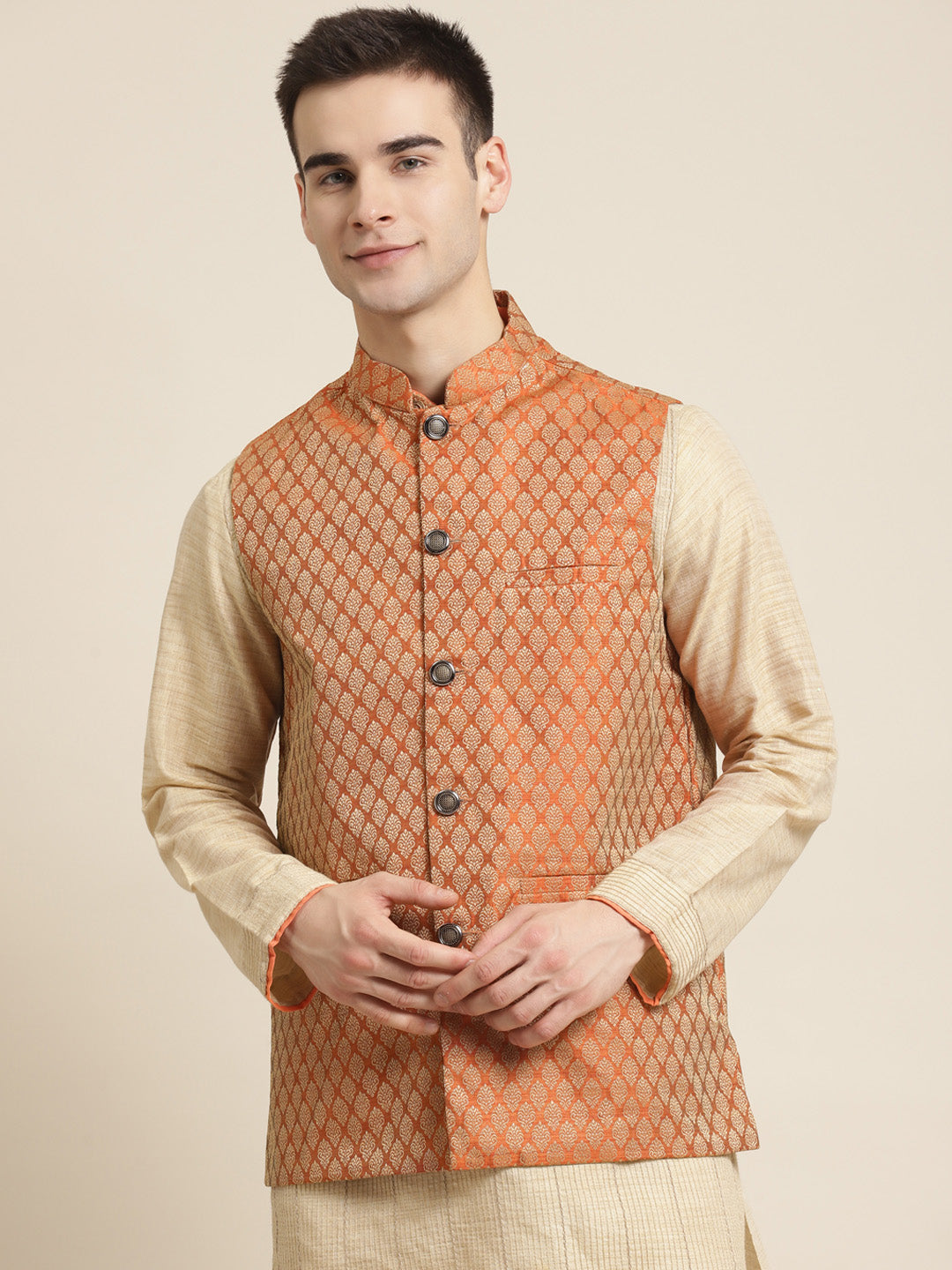 Men's Jacquard Silk Orange Self Design ONLY Nehrujacket - Sojanya