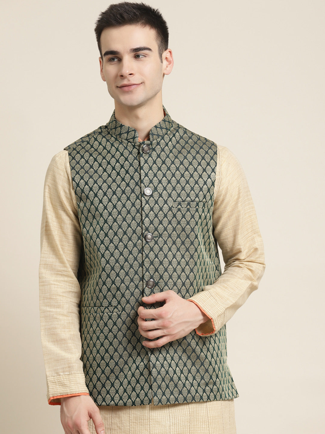 Men's Jacquard Silk Dark Green Self Design ONLY Nehrujacket - Sojanya