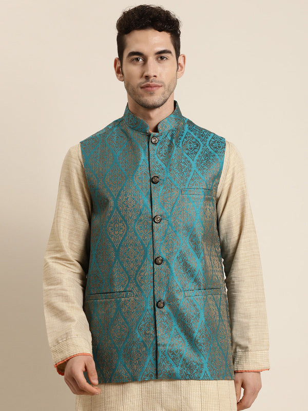 Men's Jacquard Silk Teal Blue & Gold Nehru Jacket - Sojanya