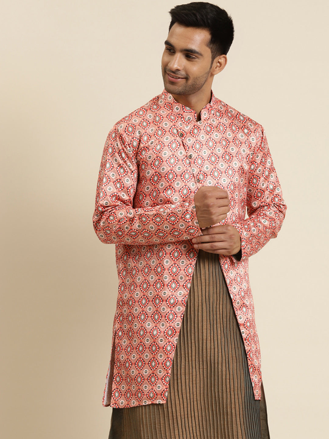 Men's Silk Blend Peach ONLY Sherwani Jacket - Sojanya