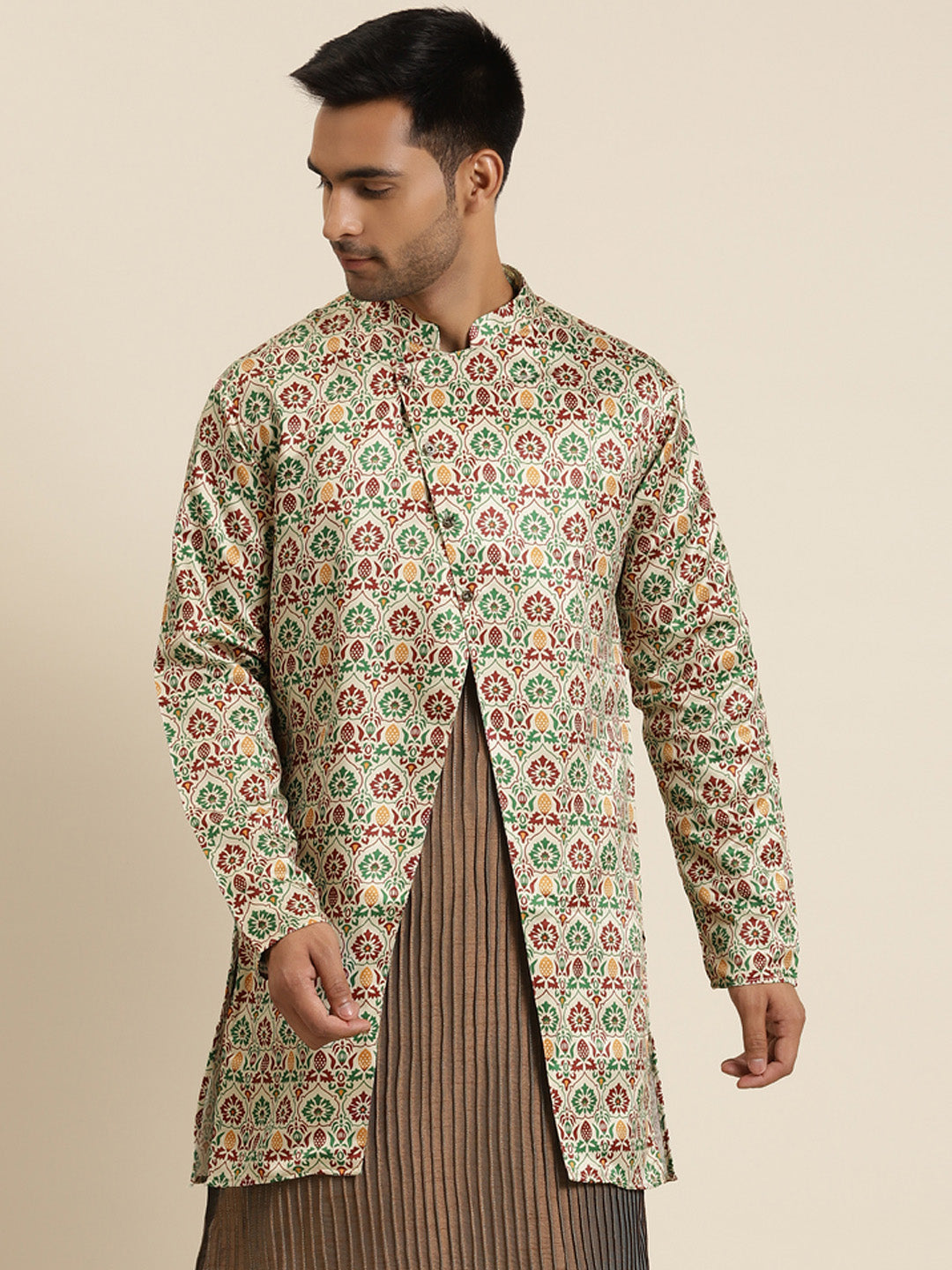 Men's Silk Blend Fawn ONLY Sherwani Jacket - Sojanya