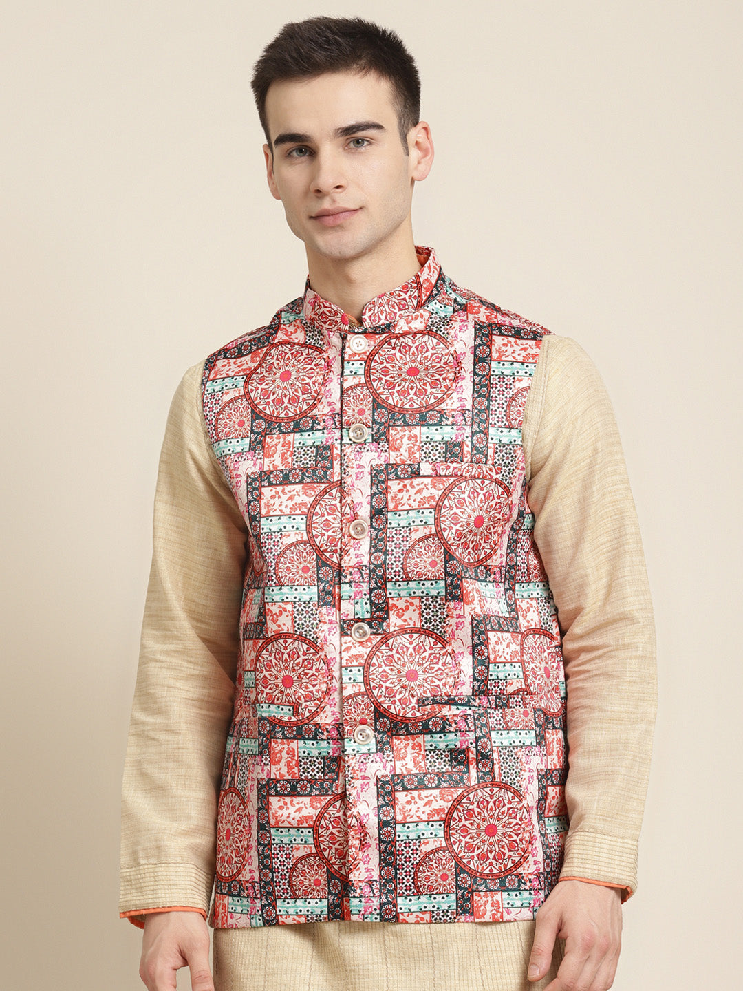 Men's Silk Blend Peach Printed ONLY Nehru Jacket - Sojanya