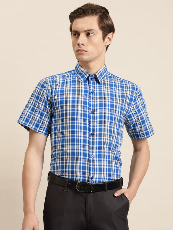 Men's Cotton Royal Blue & White Formal Shirt - Sojanya