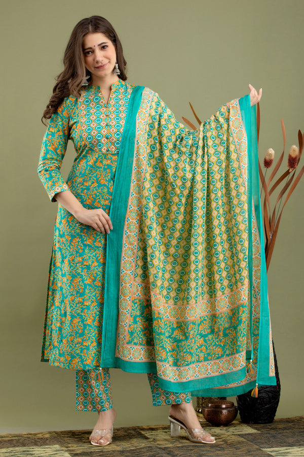 Women's Green printed kurta dupatta set - MISSKURTI