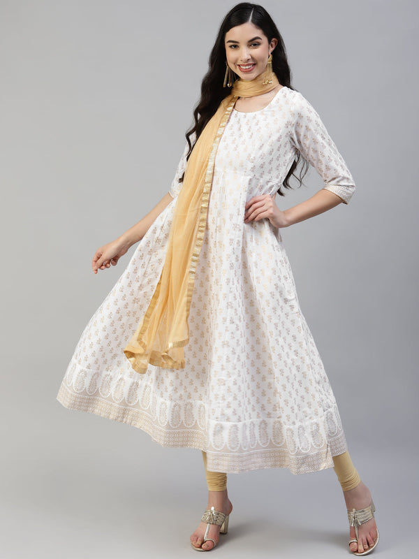 Women's White Gold Print  Anarkali Kurta With Viscose Leggings & Net Dupatta - Noz2Toz