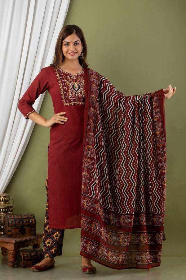 Women's Cotton Straight Printed Kurta Set With Dupatta - Misskurti