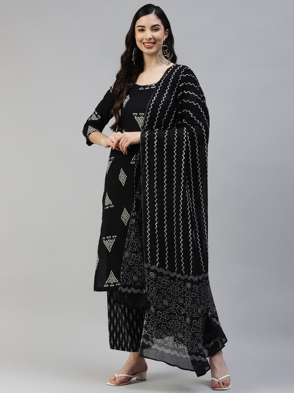 Women's Black Cotton Printed A- Line Kurta With Palazzo And  Cotton Dupatta - Noz2Toz