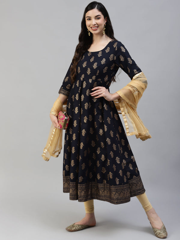 Women's Blue Gold Print  Anarkali Kurta With Viscose Leggings & Net Dupatta - Noz2Toz