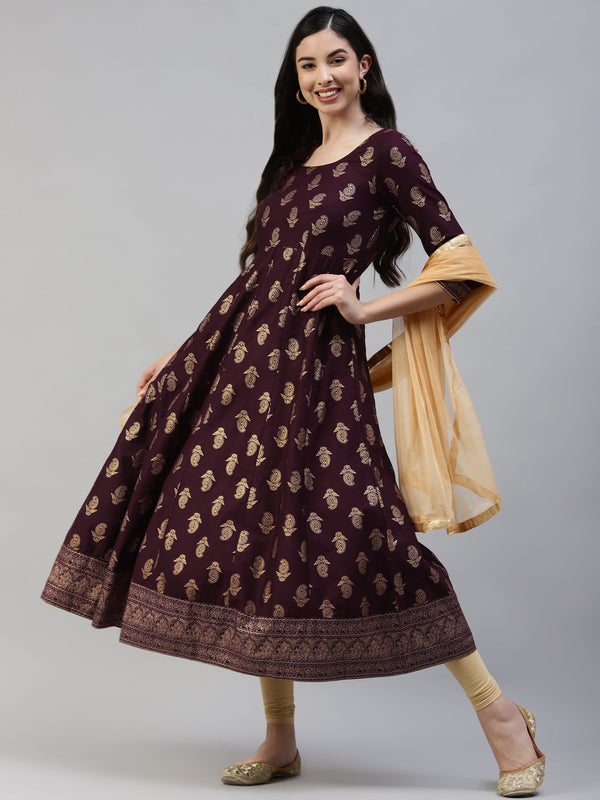 Women's Purple Gold Print  Anarkali Kurta With Viscose Leggings & Net Dupatta - Noz2Toz