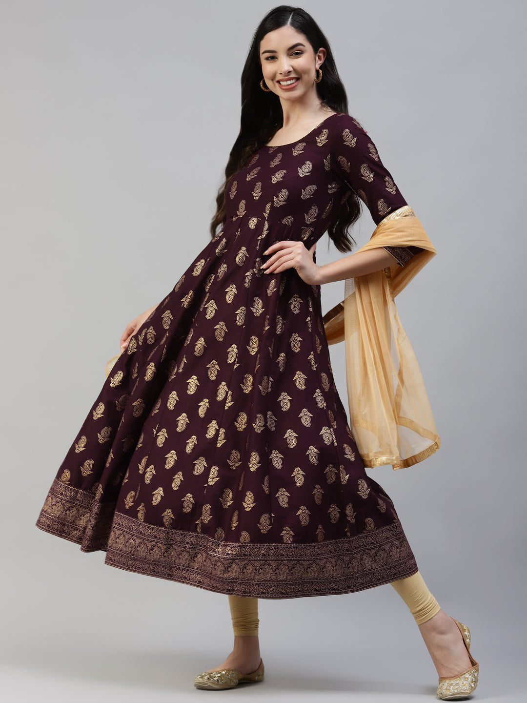 Women's Purple Gold Print  Anarkali Kurta With Viscose Leggings & Net Dupatta -  Poshak Hub