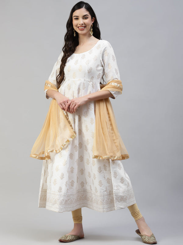 Women's White Gold Print  Anarkali Kurta With Viscose Leggings & Net Dupatta - Noz2Toz