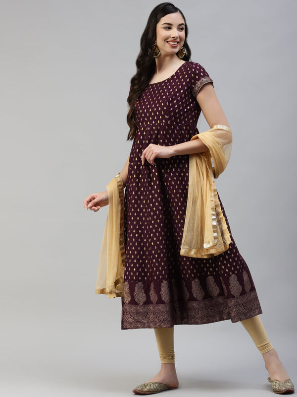 Women's Purple Gold Print  Anarkali Kurta With Viscose Leggings & Net Dupatta - Noz2Toz